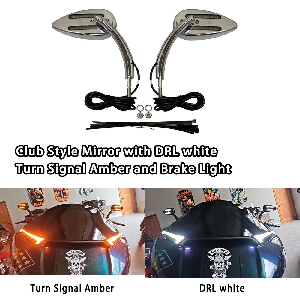 Club Style Mirror with DRL white Turn Signal Amber and Brake Light for Harley