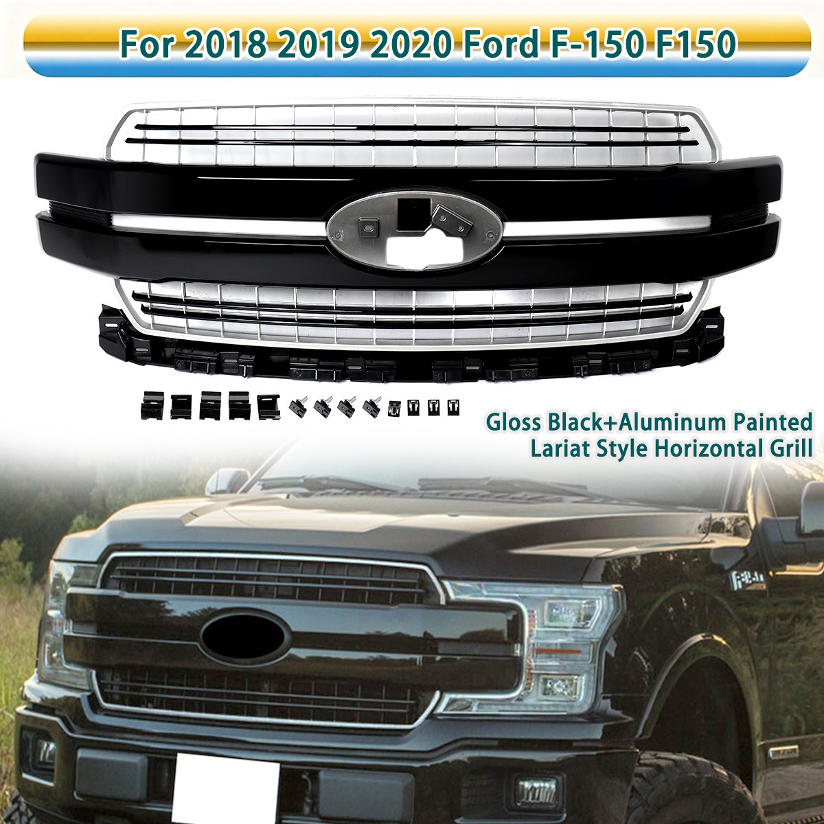 For 2018-2020 Ford F150 F-150 XLT Lariat Style Glossy+Aluminum Horizontal Grille