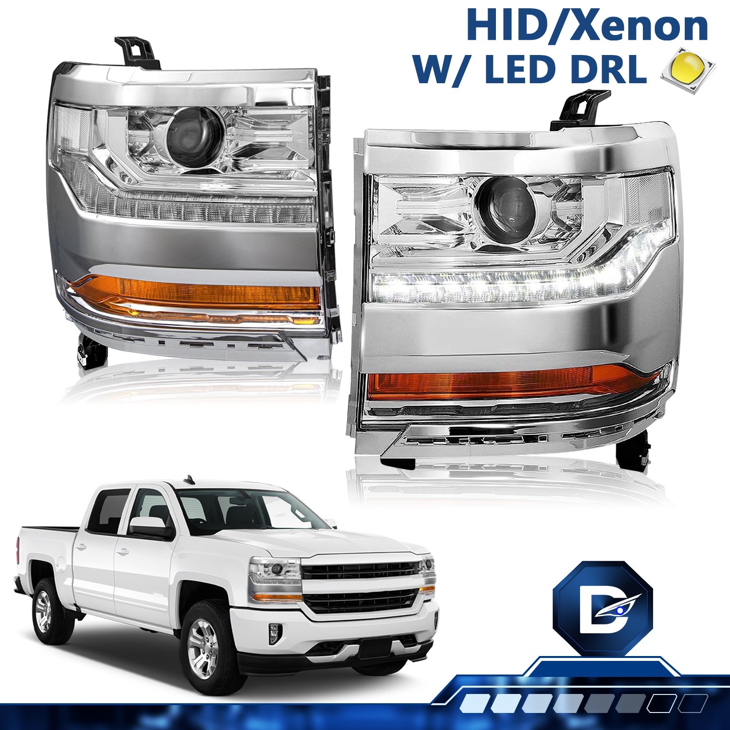 Pair Chrome Headlights For 2016-2018 Chevy Silverado 1500 HID/Xenon Headlamps