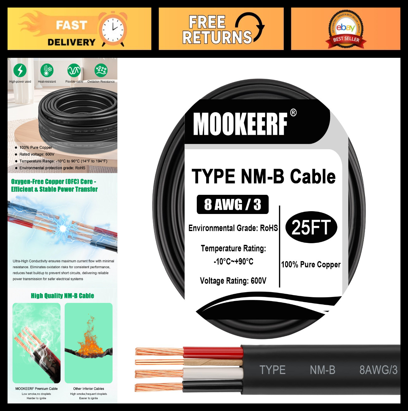25FT 8/3 NM-B Non-Metallic Sheathed Cable - 8 AWG 3 Conductor Indoor Wire for Ou
