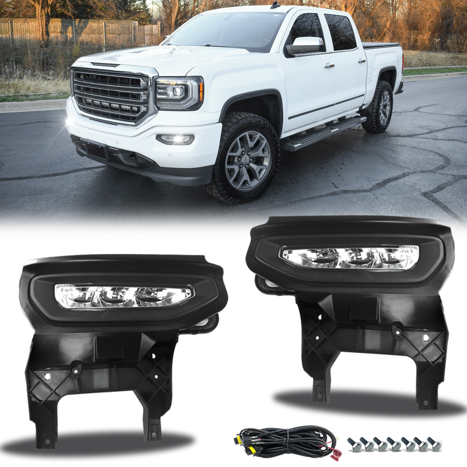 For 2016 2017 2018 2019 GMC Sierra 1500 LED Fog Lights Front Bumper Lamps+Wiring