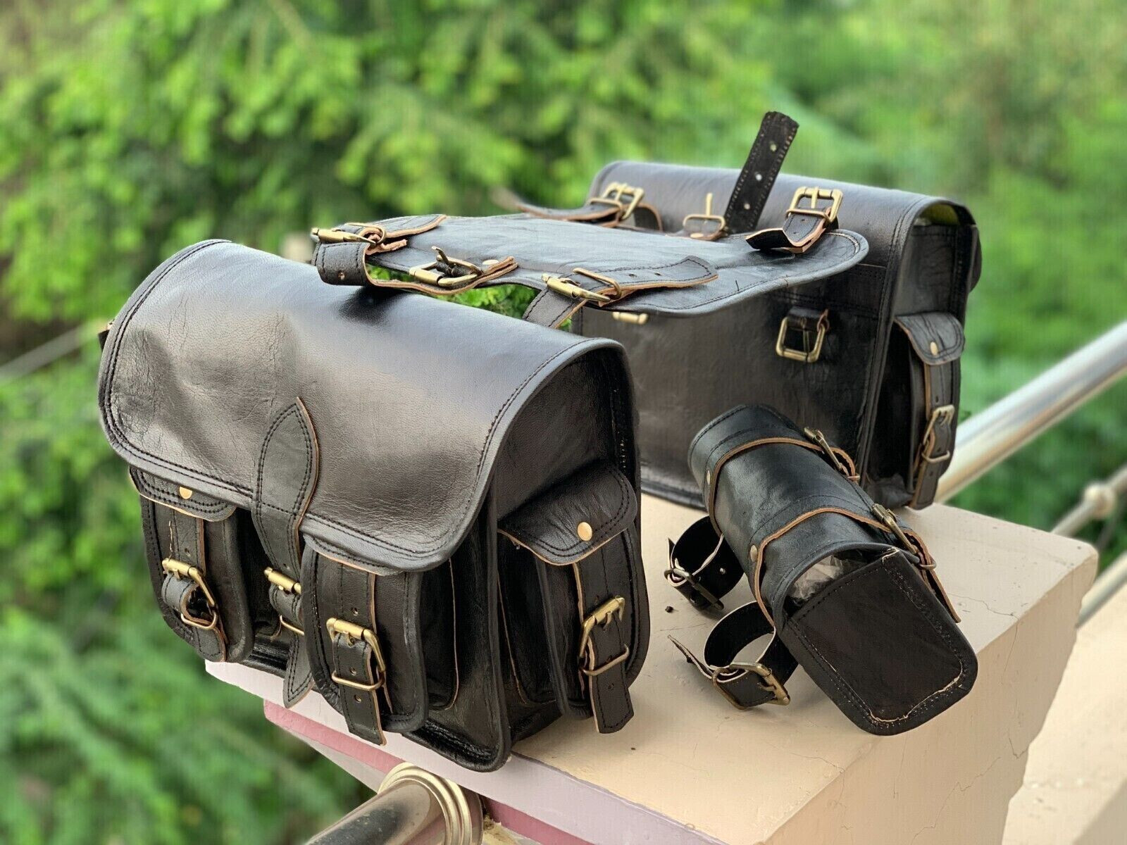  Large Genuine Leather Saddlebags for Motorcycles Large Pair with 3 Si