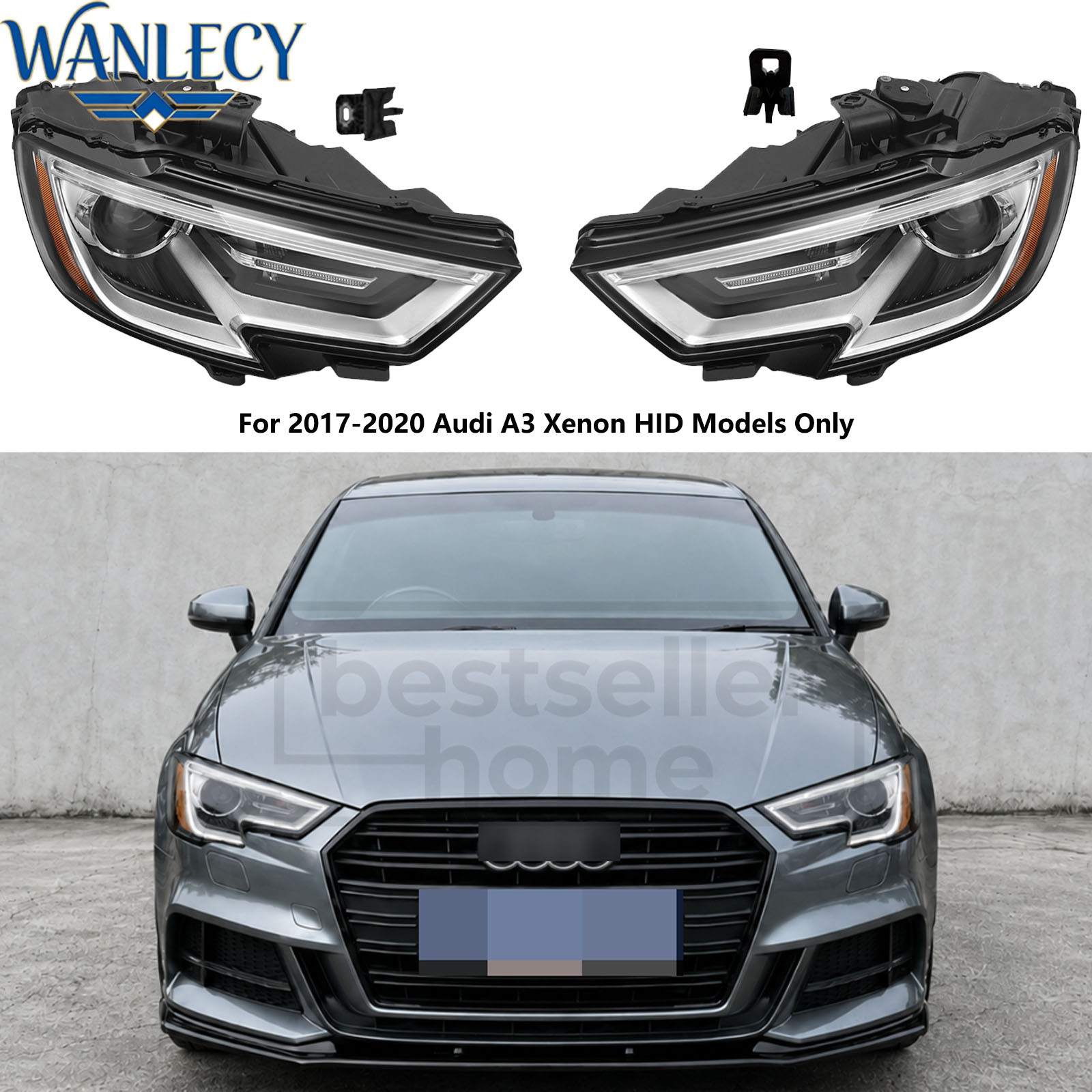 Pair Xenon/HID Headlights For 2017-2020 Audi A3 w/Bulb Non-AFS Left+Right