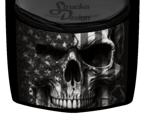 American Flag USA Skull Grim Fierce Grey Black Hood Wrap Vinyl Graphic Decal