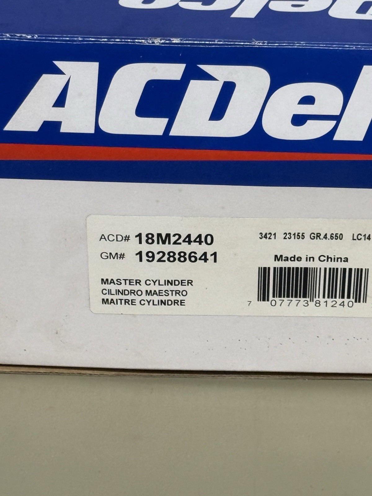 Ac Delco 18M2440 Master Cylinder  GM #19288641