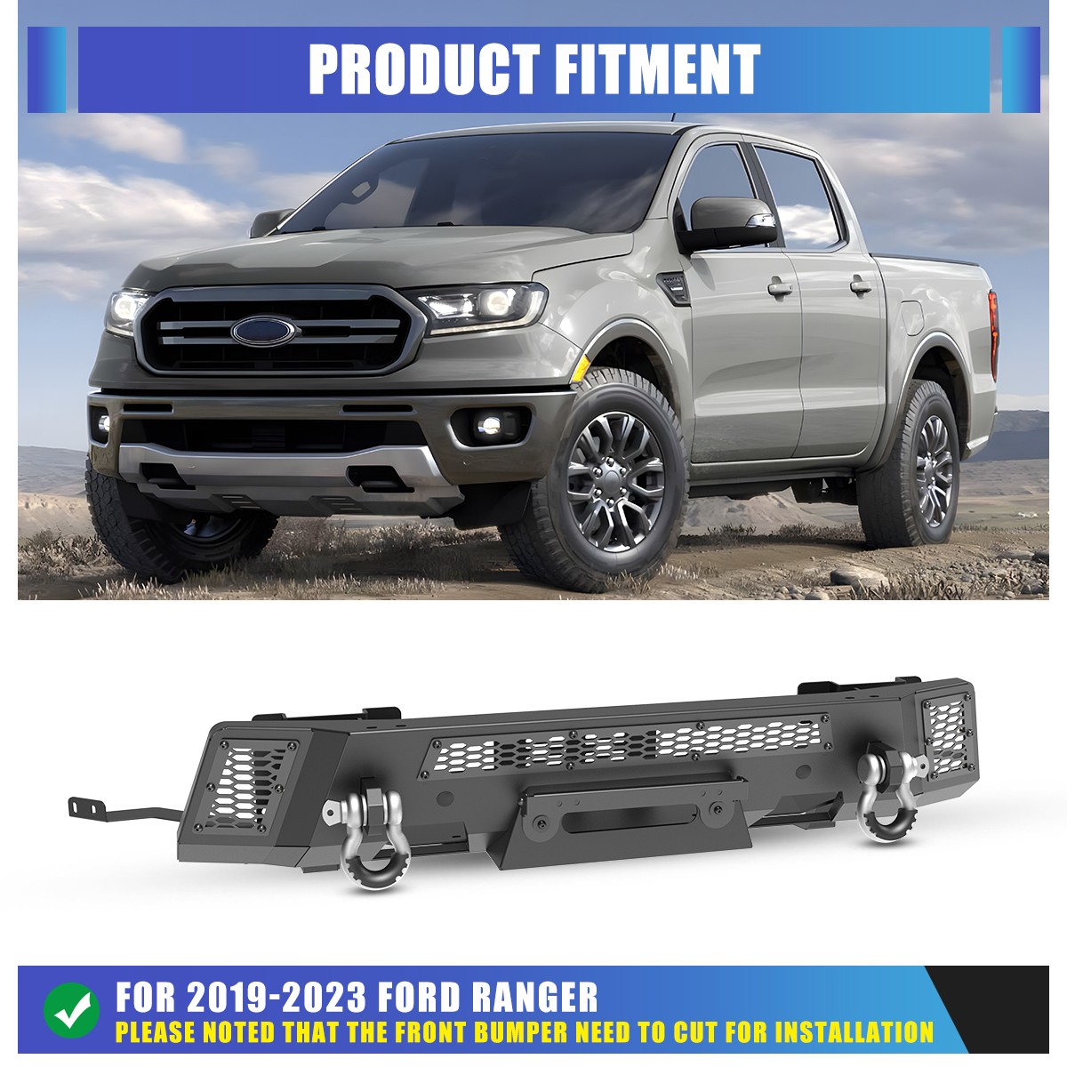 Black Steel Front Bumper For 2019 2020 2021 2022 2023 Ford Ranger w/ Winch Plate