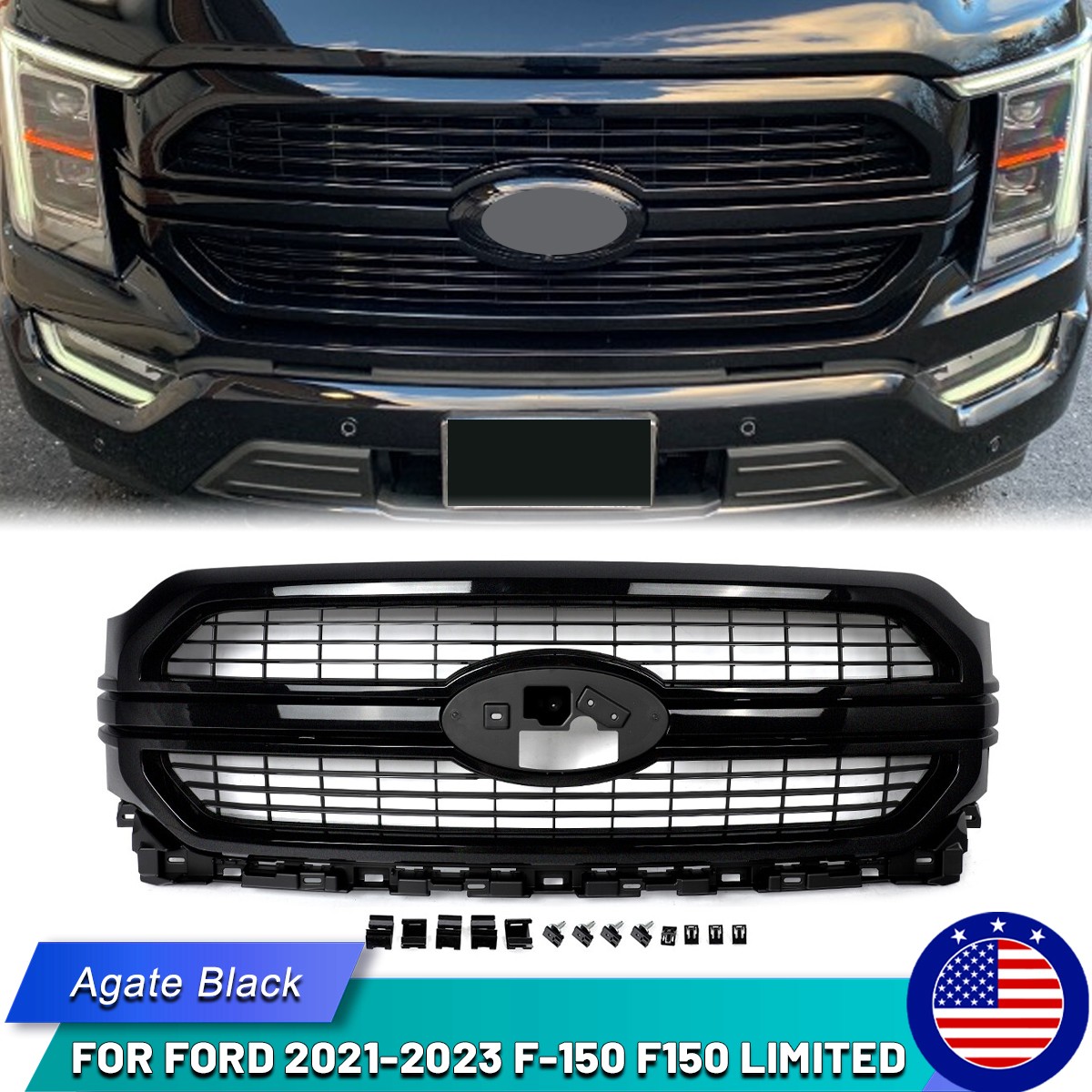 Agate Black Front Bumper Grille For Ford 2021 2022 2023 F-150 F150 Limited XLT