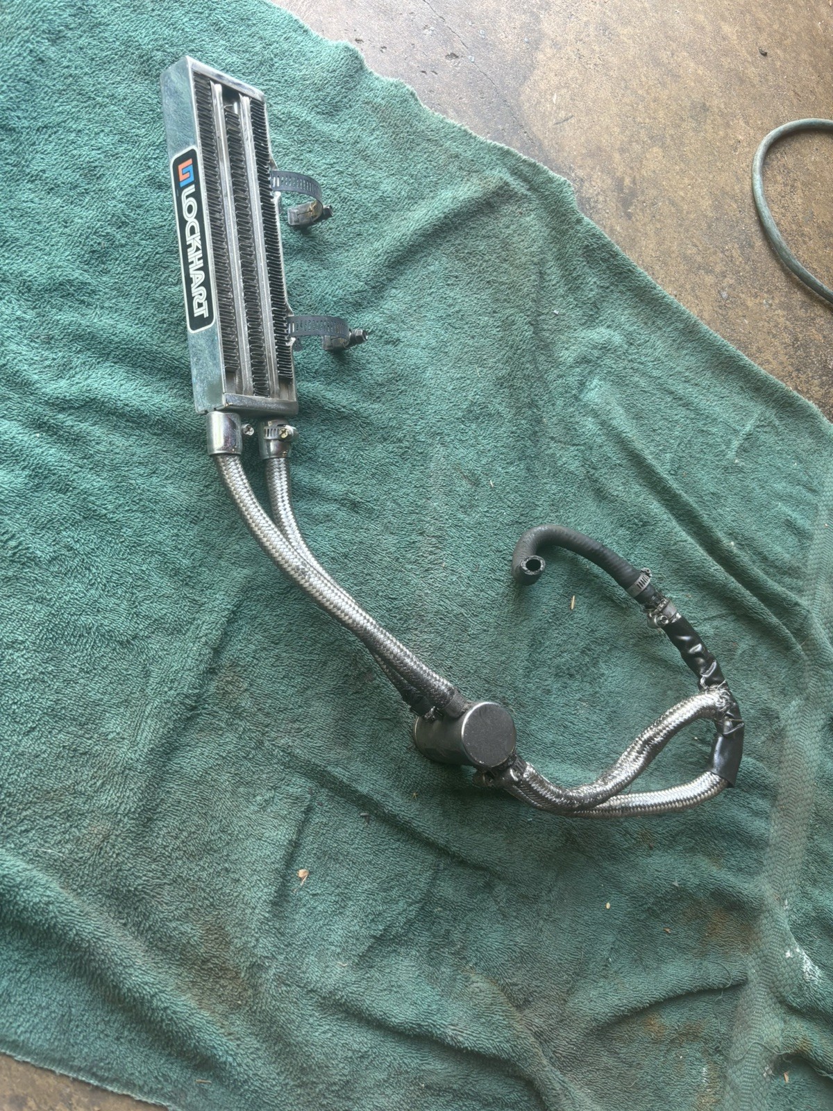 Harley Shovelhead, FLH FX Lockhart oil cooler with oil hoses.