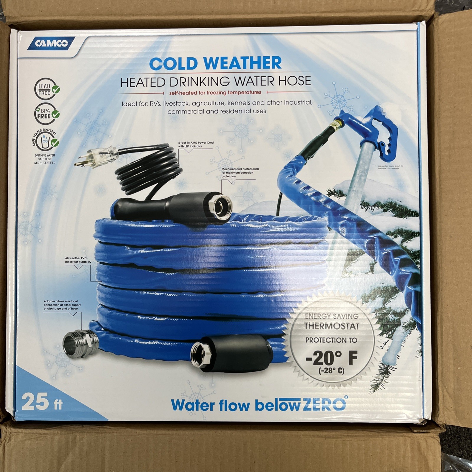 Camco 25-Ft Heated Water Hose for RV - Water Line Freeze Protection Down to -20°