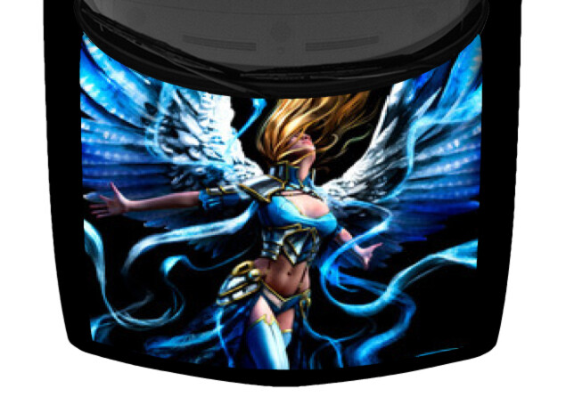 Beautiful Angel Warrior Woman Truck Hood Wrap Vinyl Car Graphic Decal Sky Blue