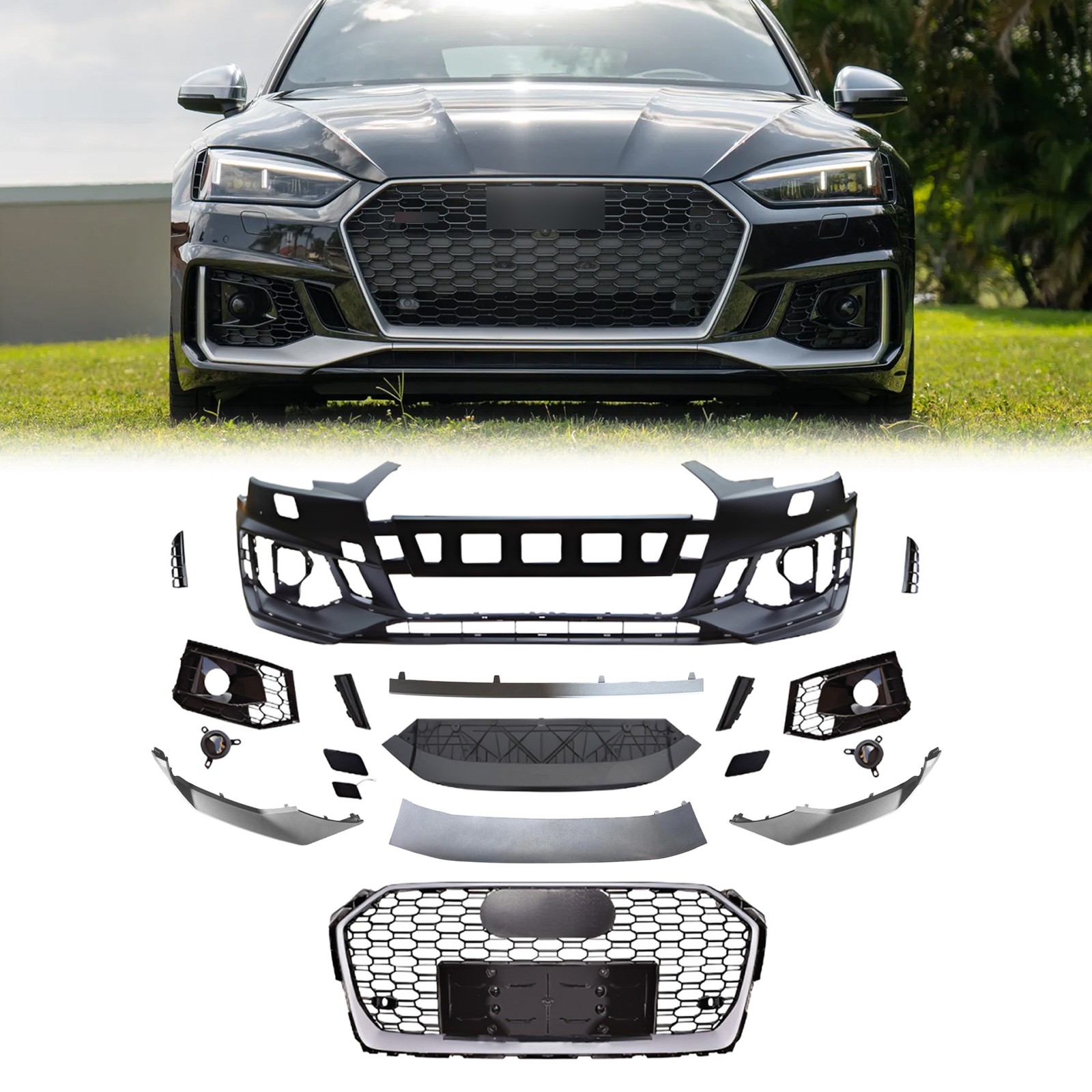 For 2017-2019 Audi A5 Facelift To RS5 Style Front Bumper Kit W/ Silver Grille