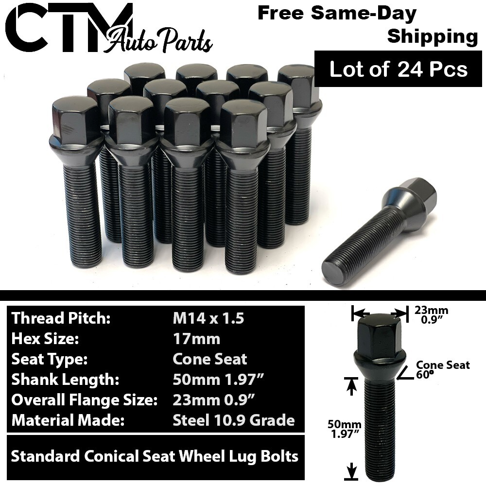 24x Black 14x1.5 Cone Seat Lug Bolt 50mm Shank For Sprinter Aftermarket Wheels