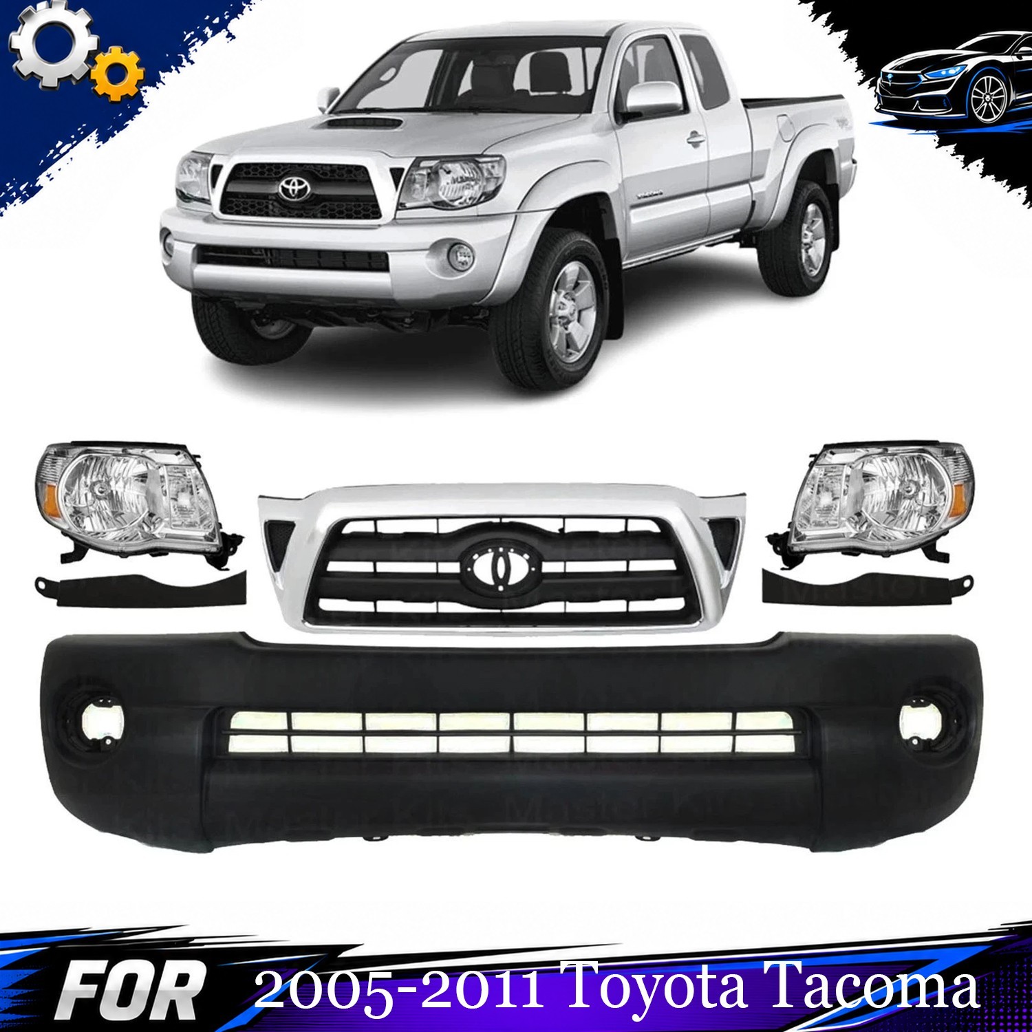 Front Bumper Cover Fascia & Grille Assembly Kit For 2005-2011 Toyota Tacoma