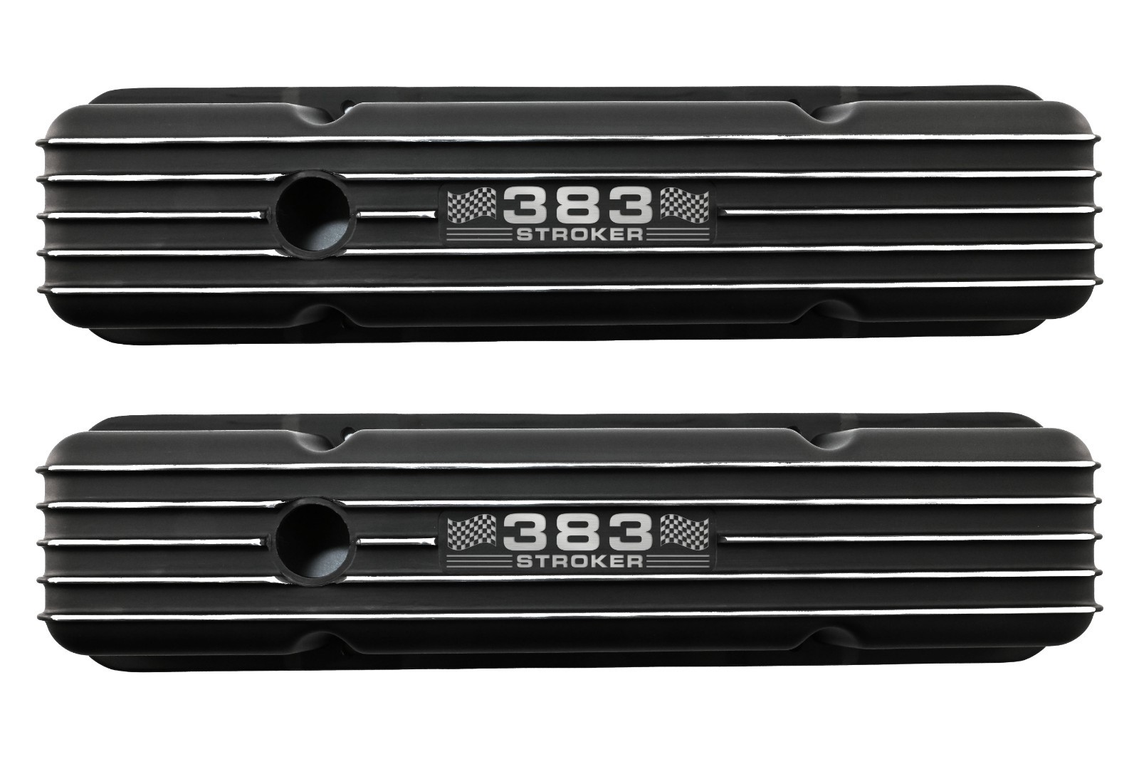 Aluminum 1958-86 Chevy SB 283–400 Valve Covers-Tall Finned– Etched 383  – Black