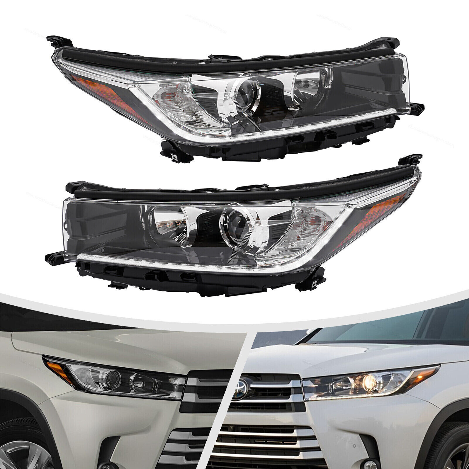 2 Pcs Headlights W/ LED DRL Black Headlamp Fits 2017 2018 2019 Toyota Highlander