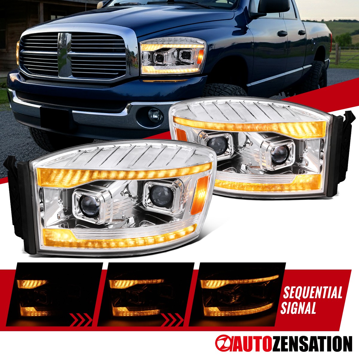 Fit 2006-2009 Ram 1500 2500 3500 Projector Headlights Amber LED DRL Sequential Fit 2006-2009 Ram 1500 2500 3500 Projector Headlights Amber LED DRL Sequential