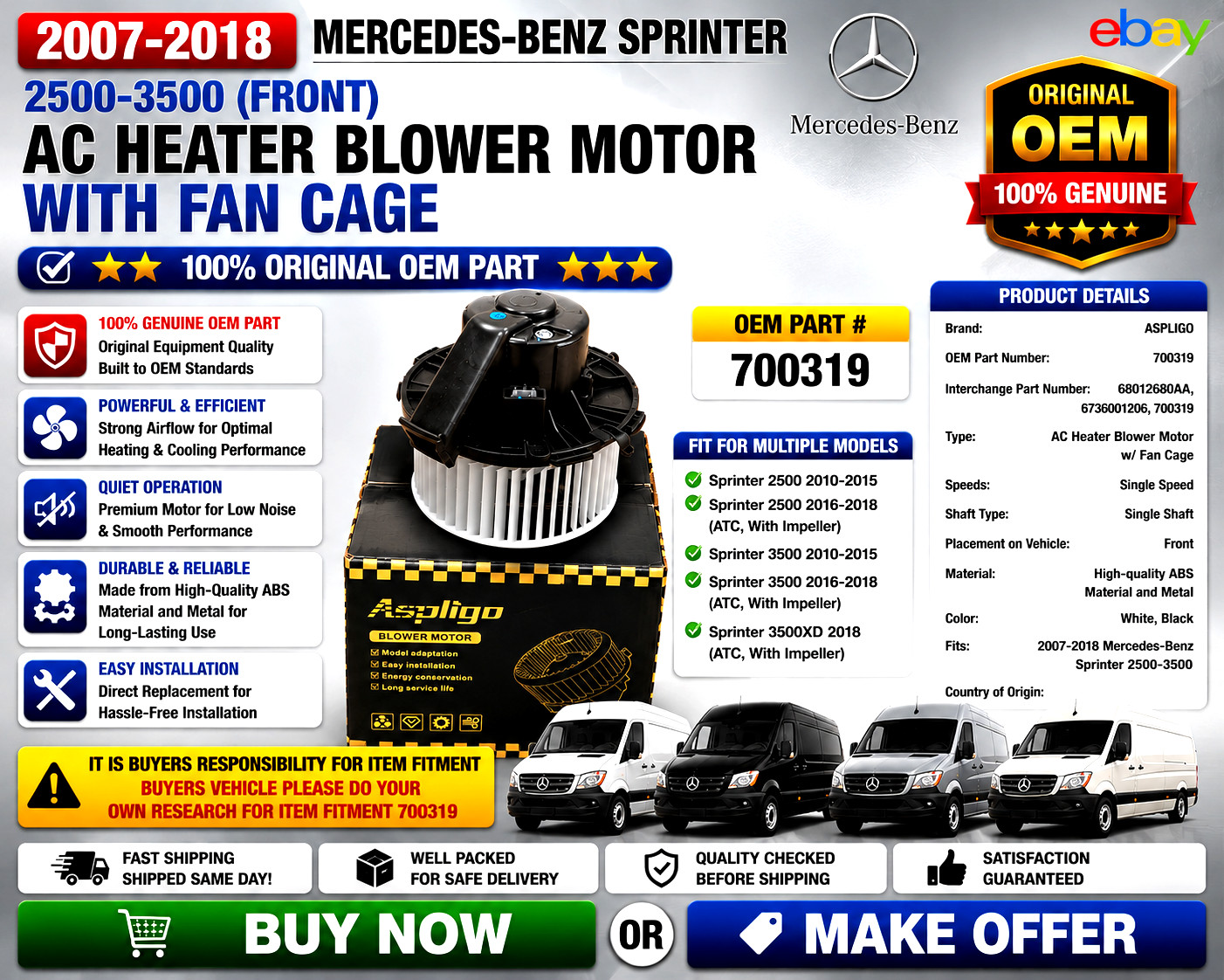 2007-18 Mercedes-Benz Sprinter 2500-3500 Front 700319⭐AC Heater Blower Motor⭐Fan