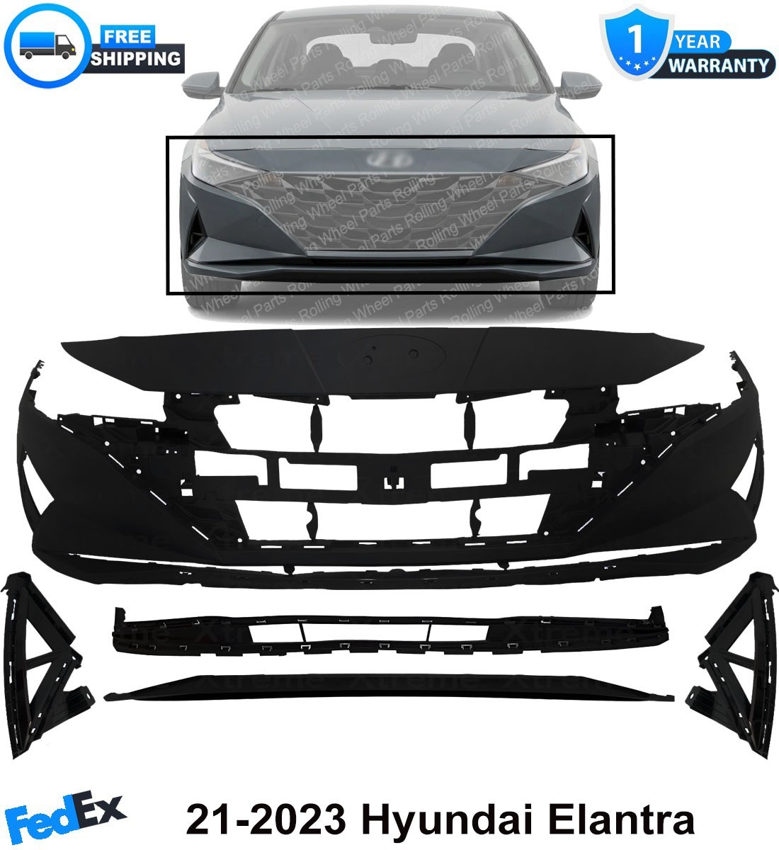 Front Bumper Cover Primed Plastic & Fog Lights Cover For 21-2023 Hyundai Elantra