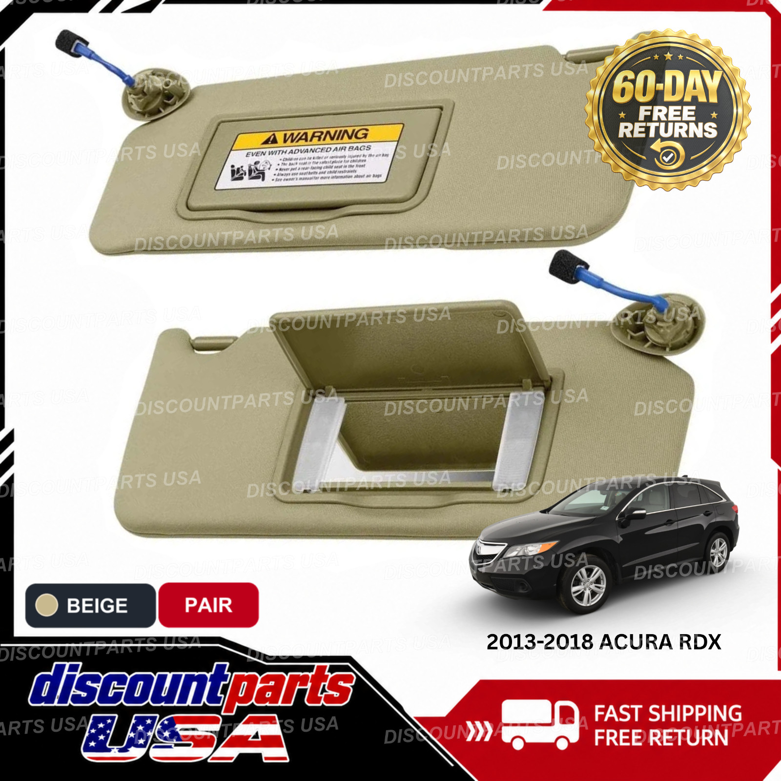 [NEW] For 2013 - 2018 Acura RDX Beige Pair Sun Visor w/ Light & Mirror