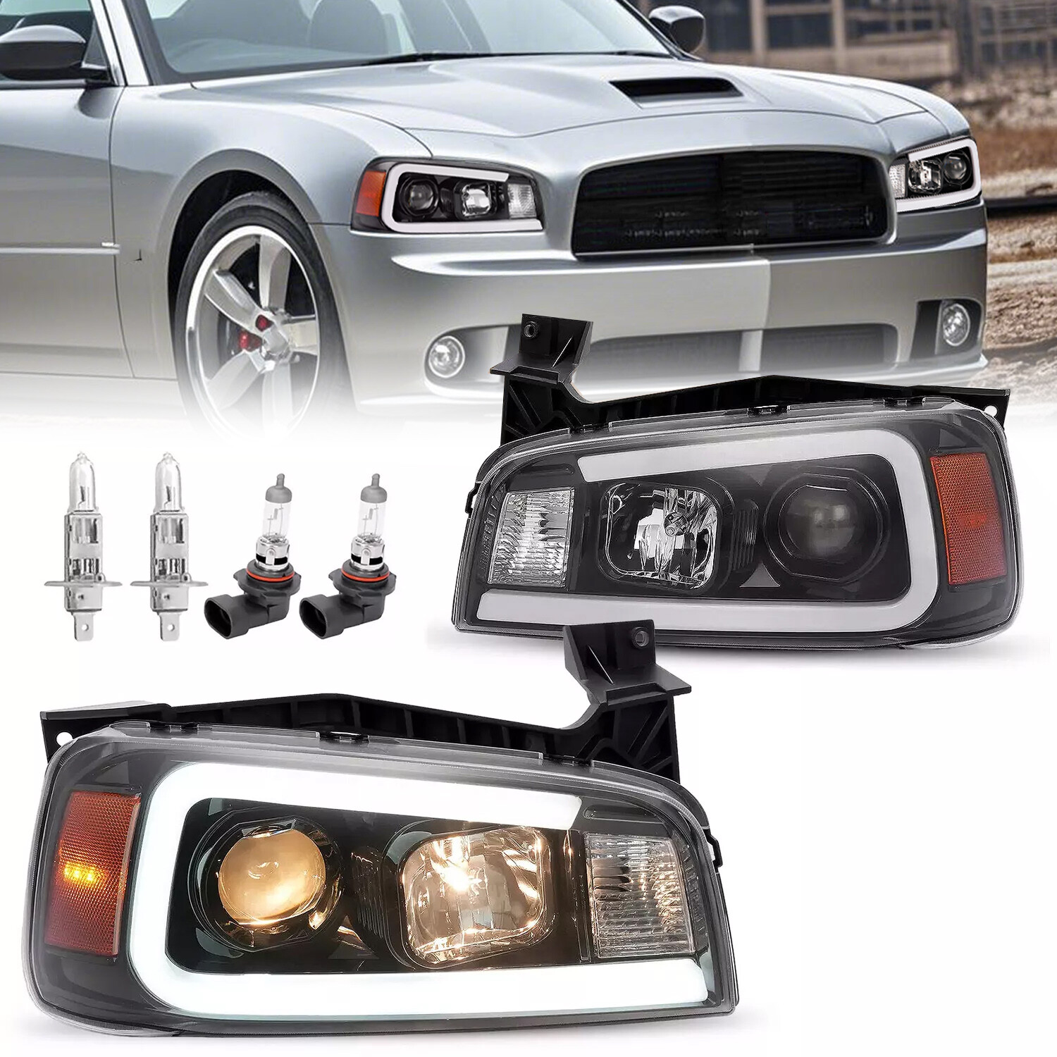 DOT For 2006-2010 Dodge Charger Black LED Tube Projector Headlights Headlamps