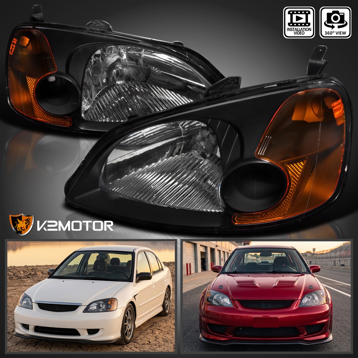 Fits 2001-2003 Honda Civic 4Dr Sedan Black Headlights Head Lamps Left+Right Fits 2001-2003 Honda Civic 4Dr Sedan Black Headlights Head Lamps Left+Right
