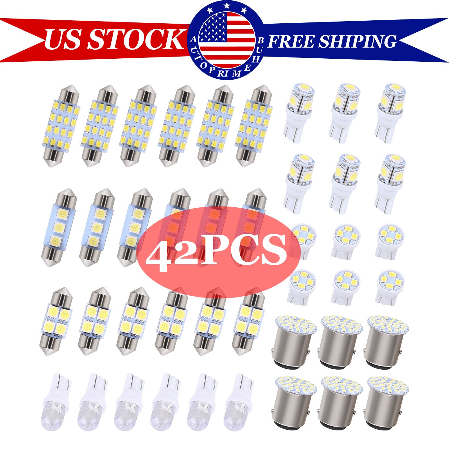 White 42PCS Car Interior Combo LED Map Dome Door Trunk License Plate Light Bulbs