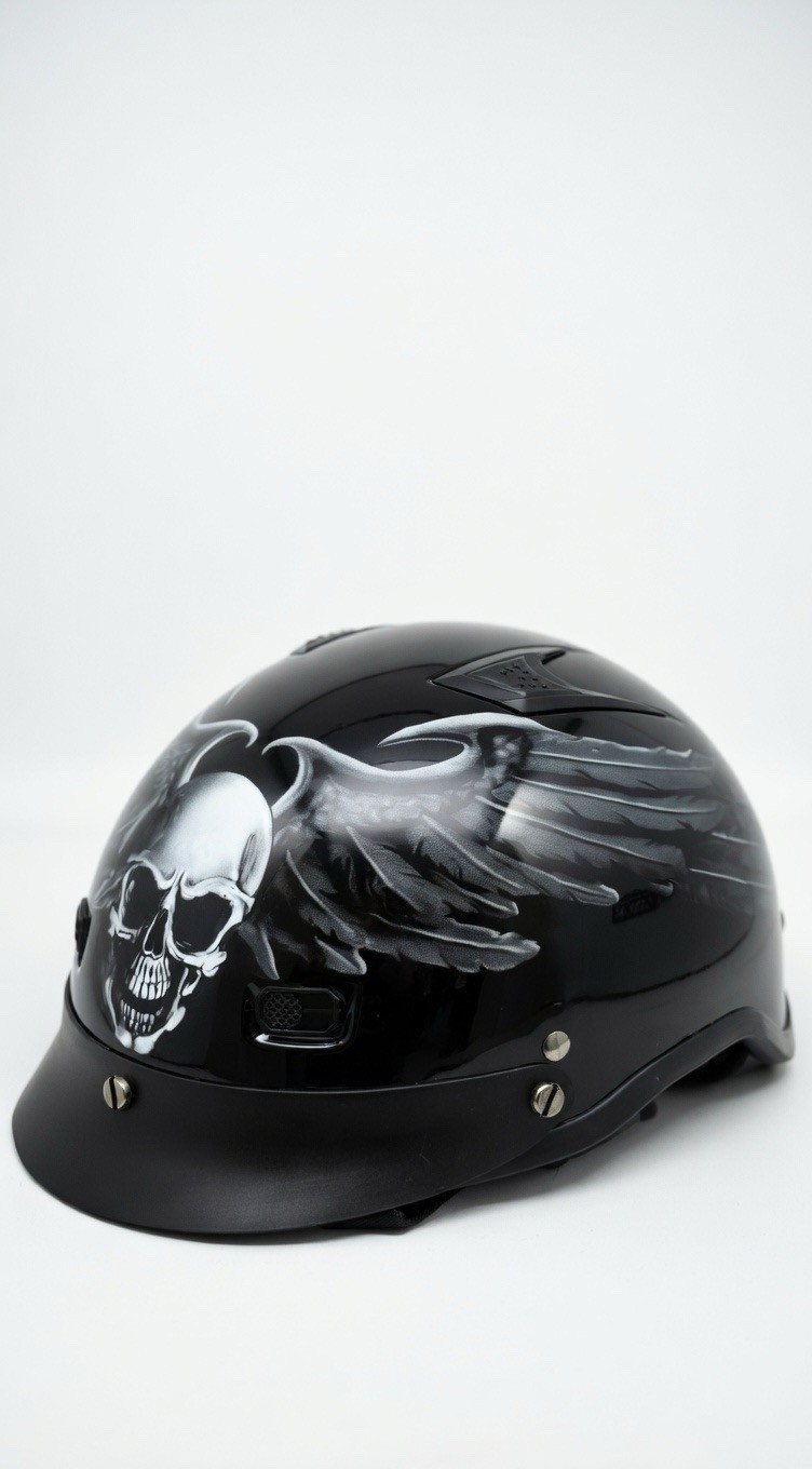 Outlaw H110 Size L DOT FMVSS 218 Black Gloss Half Helmet Skull Wings Airbrushed