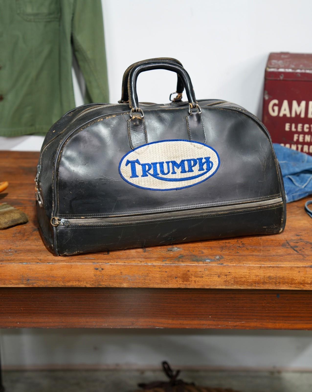 Vintage Triumph Motorcycle Cowhide Leather Hand Bag Doctor Antique Patch Black