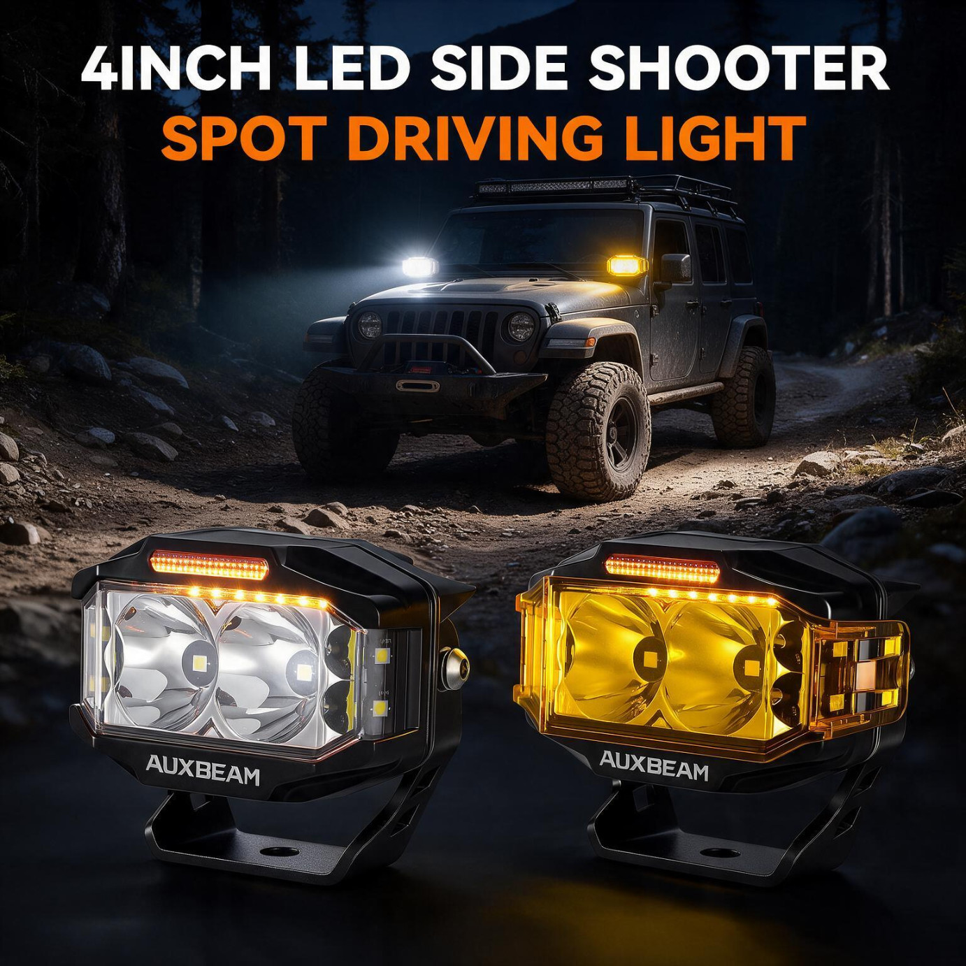 AUXBEAM 4INCH Side Shooter LED Work Driving Fog Light Spot Pods Amber DRL +Cover