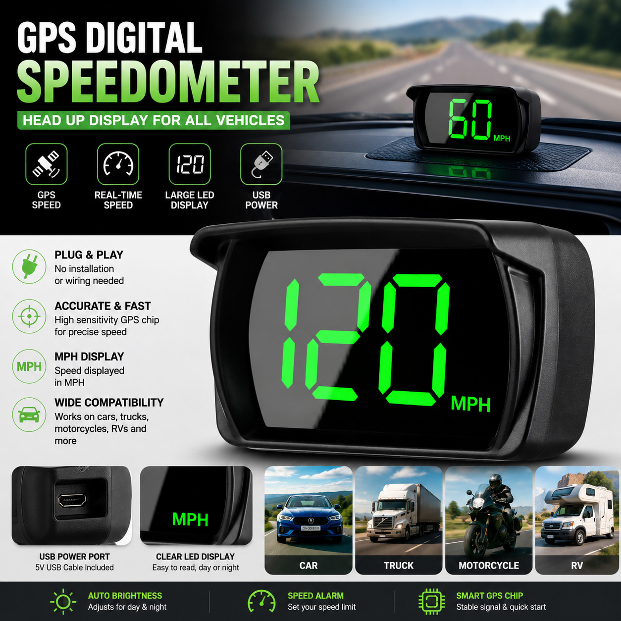 GPS Digital Speedometer Car Truck Motorcycle Head Up Display Odometer HUD MPH GPS Digital Speedometer Car Truck Motorcycle Head Up Display Odometer HUD MPH