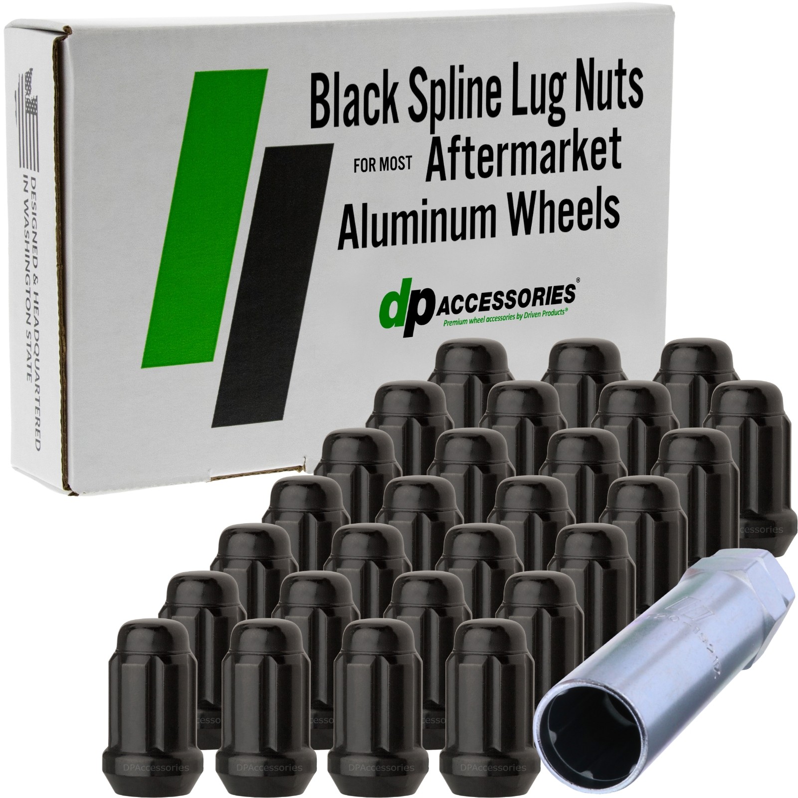 Black M12x1.50 Lug Nuts For Aftermarket Wheels - Closed End Spline - Set of 27