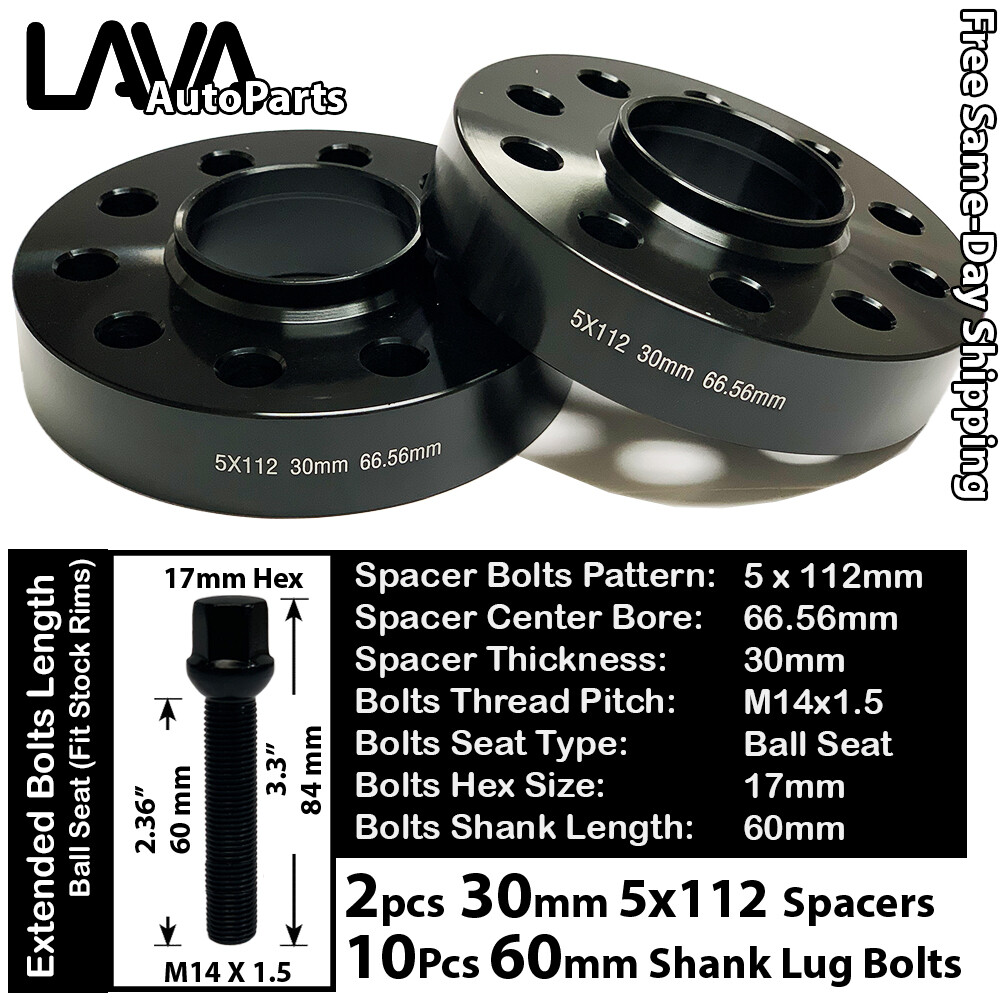2PC 30MM THICK 5X112 66.5MM C.B WHEEL SPACER+10 BOLTS FIT AUDI/MACAN STOCK WHEEL
