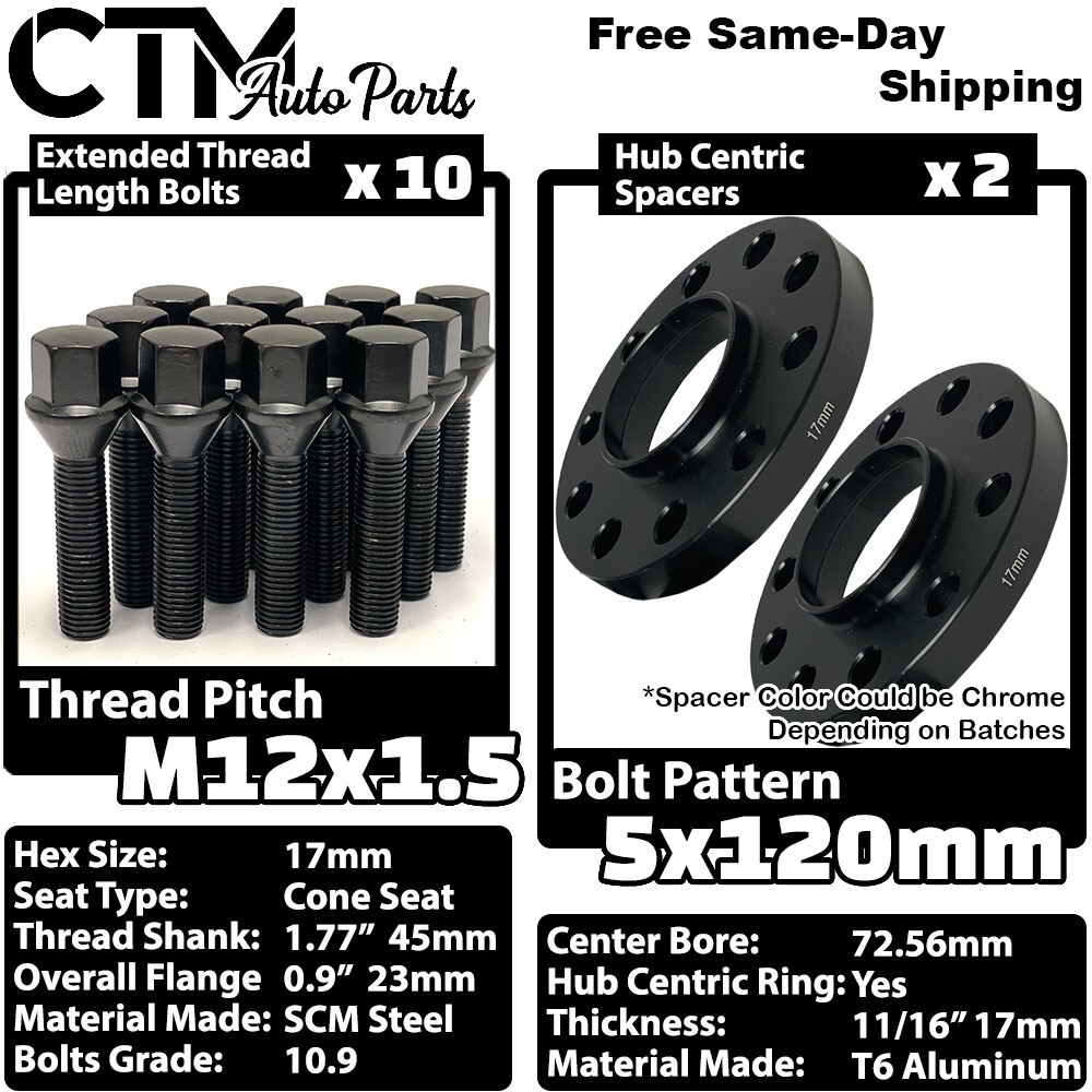 2x 17mm Thick 5x120 72.56mm C.B Wheel Spacer Kit Black 12x1.5 Bolt Fit BMW Model