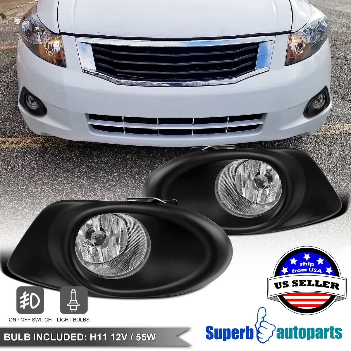 Fits 2008-2010 Honda Accord 4Dr 4-Cylinder Front Fog Bumper Lights Fits 2008-2010 Honda Accord 4Dr 4-Cylinder Front Fog Bumper Lights