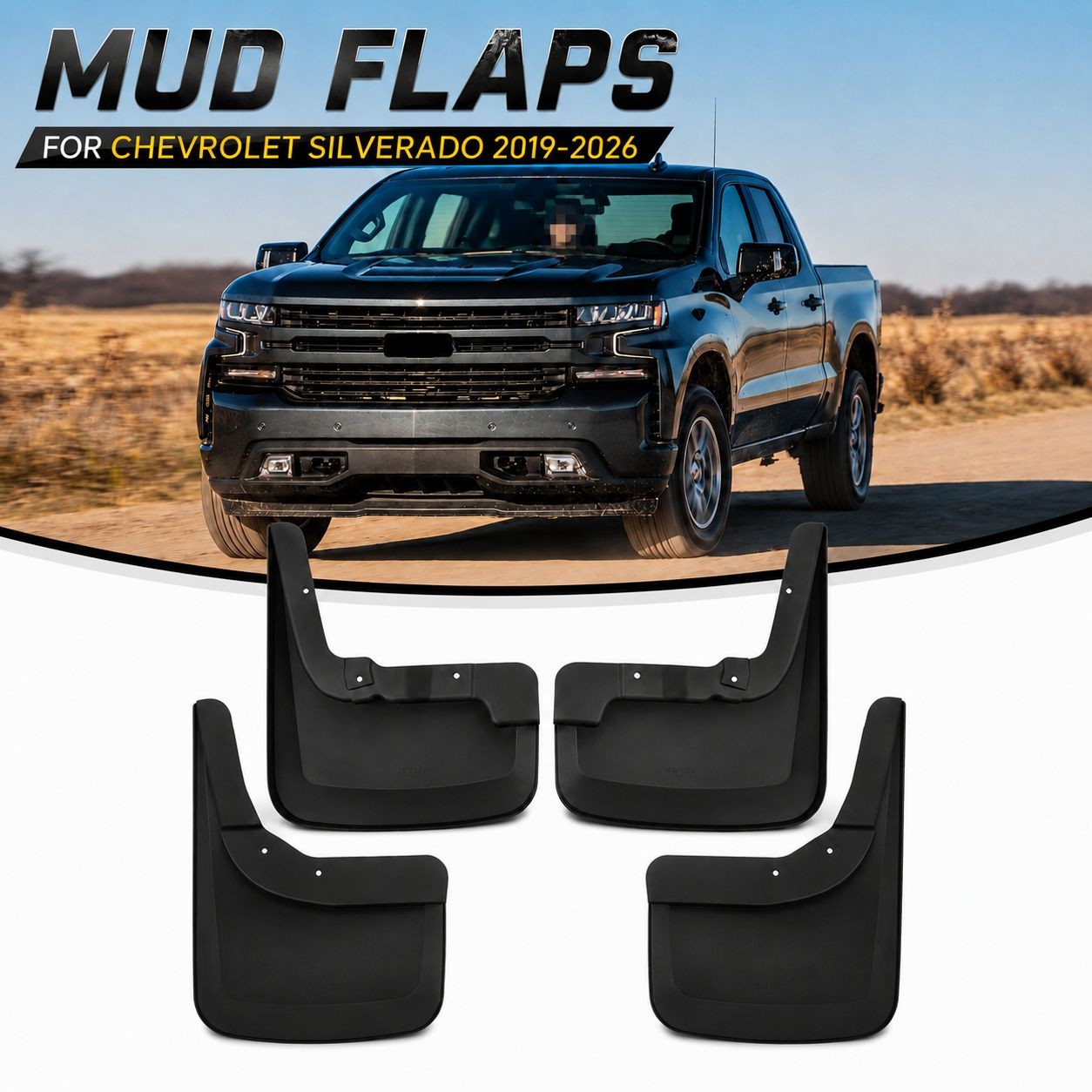 4x Black Mud flaps Slash Guards Mudguards For Chevrolet Silverado 2019-2026