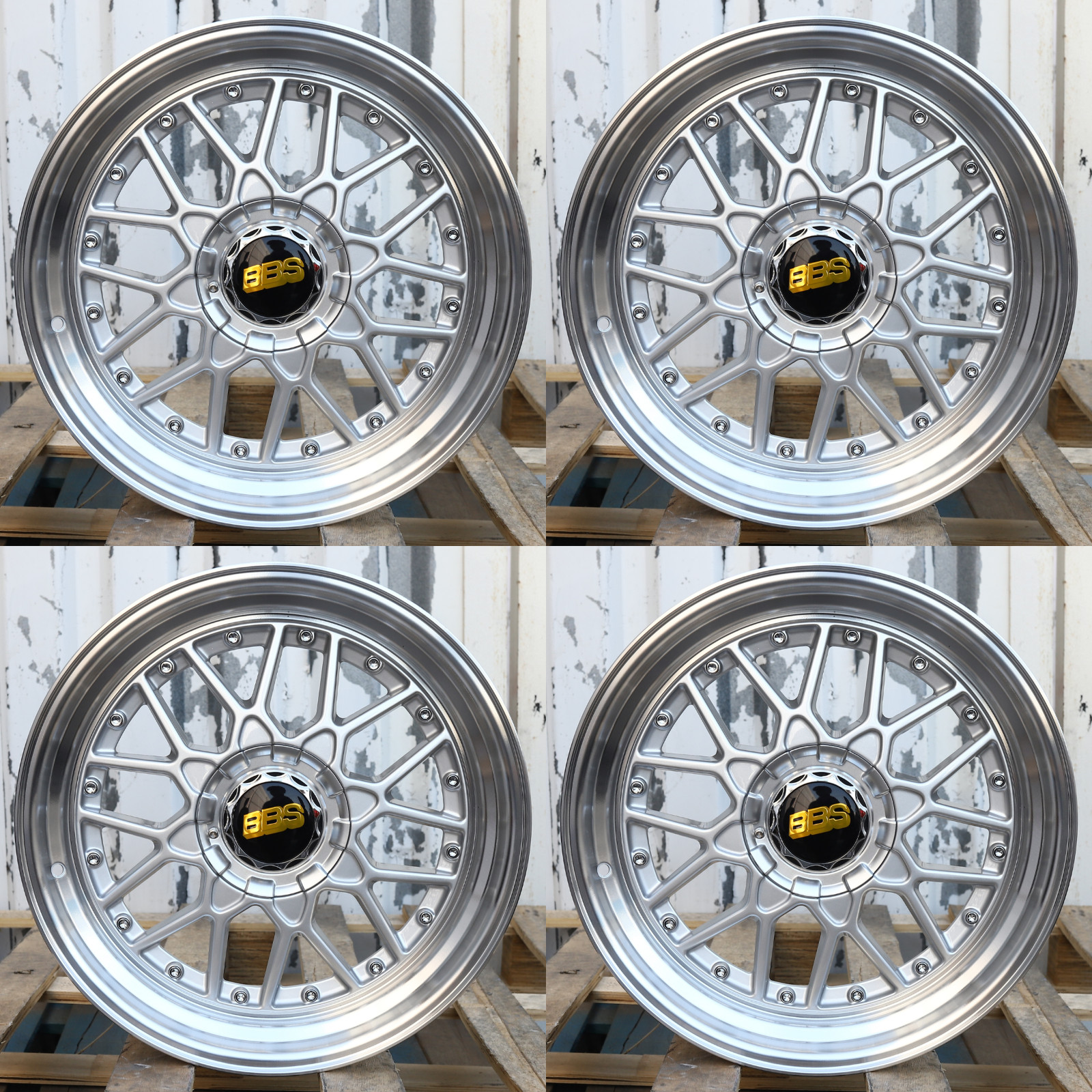 BBS RS2 STYLE WHEELS 18x10.0 25 (5x112/5x120) SILVER MACHINE LIP + CHROME RIVETS