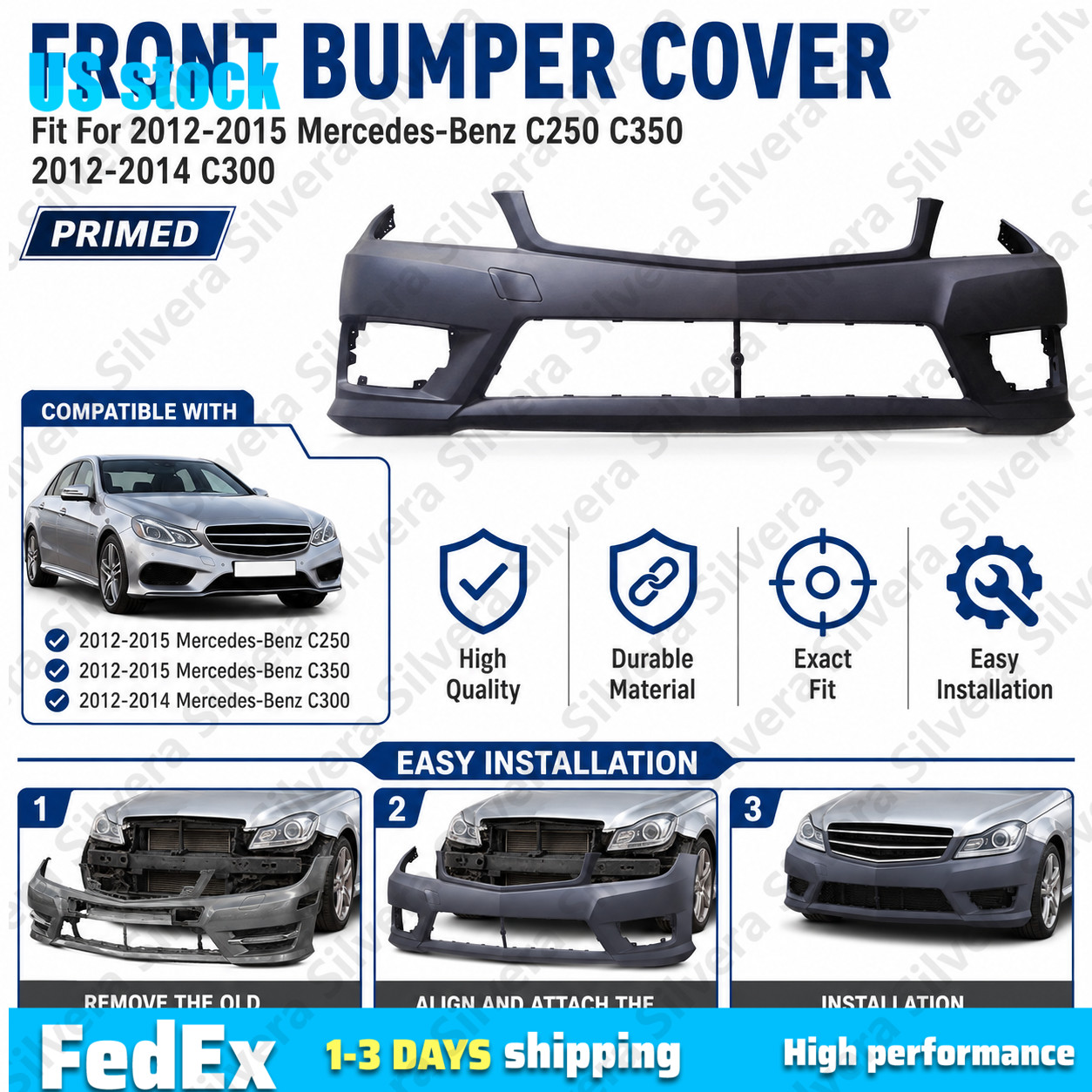 Front Bumper Cover For 2012-2015 Mercedes Benz C250 C350 2012-2014 C300 Primed
