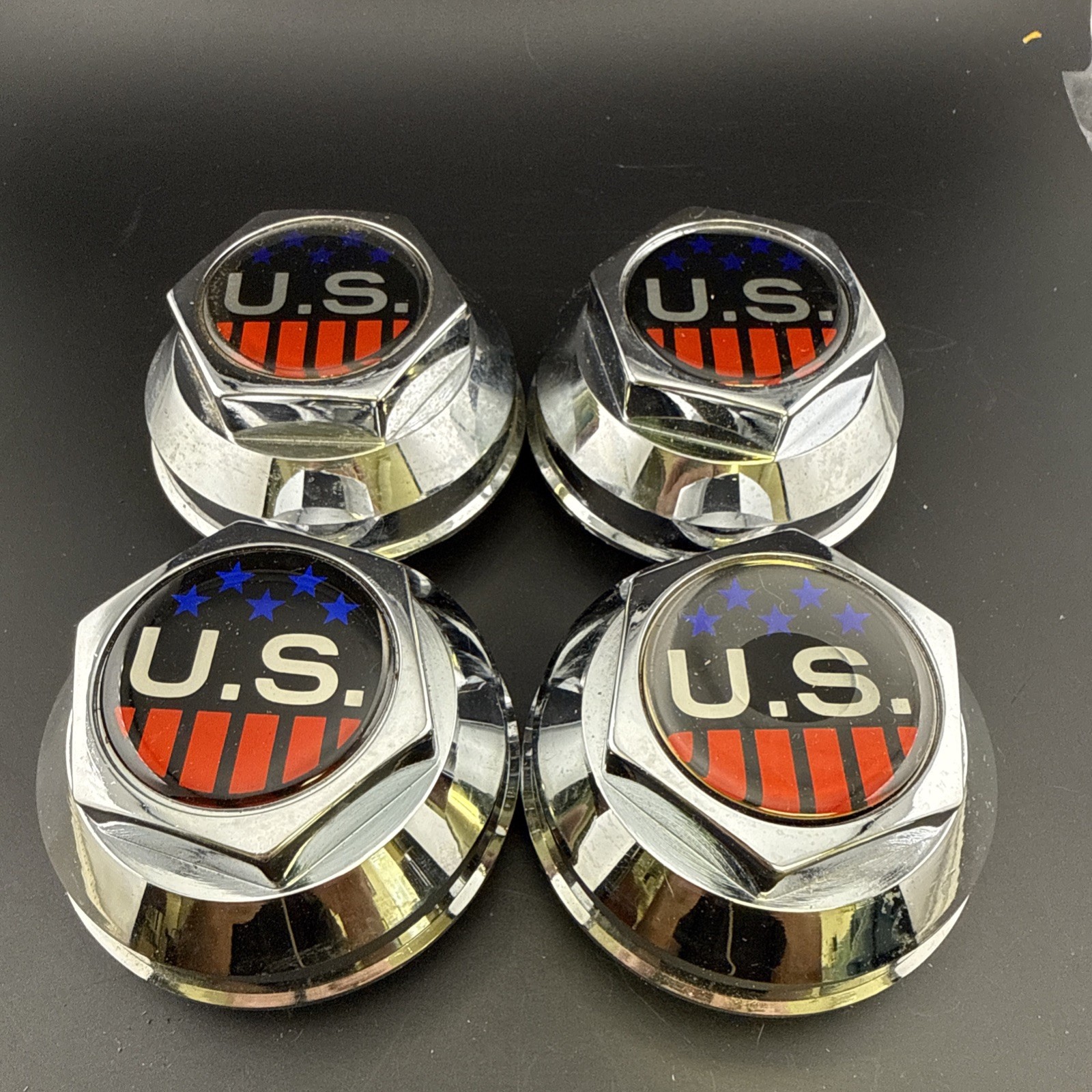 Vintage U.S. Wheel Center Caps Set of 4 Chrome Plastic 3” OD 2.5” Snap-In - NOS Vintage U.S. Wheel Center Caps Set of 4 Chrome Plastic 3” OD 2.5” Snap-In - NOS