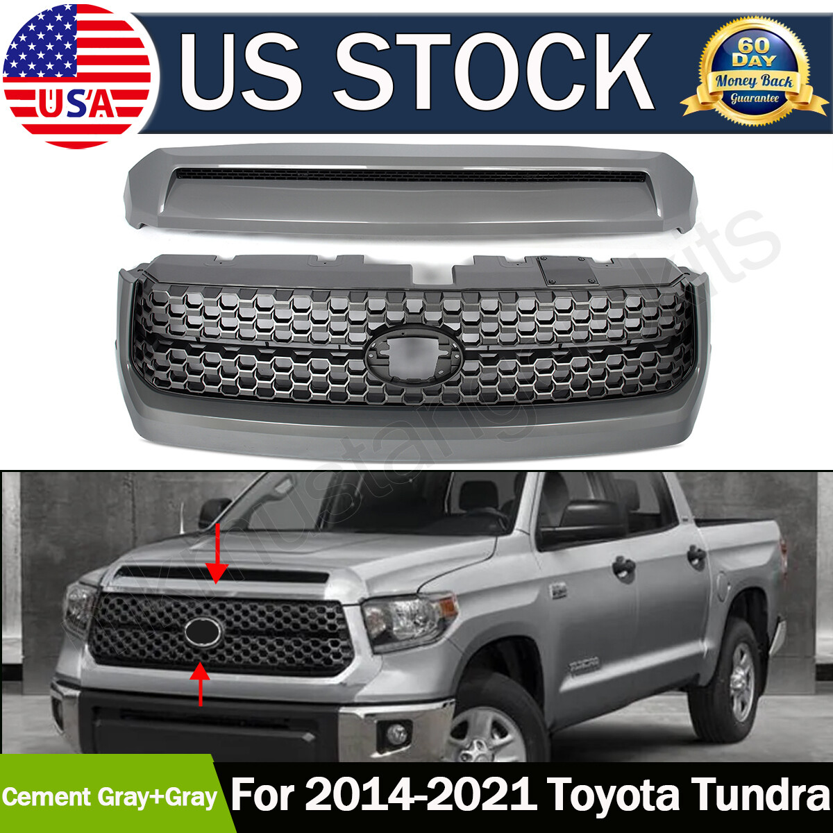 Cement Grey For 2014-2021 Toyota Tundra Front Grille & Hood Bulge Molding 2PCS