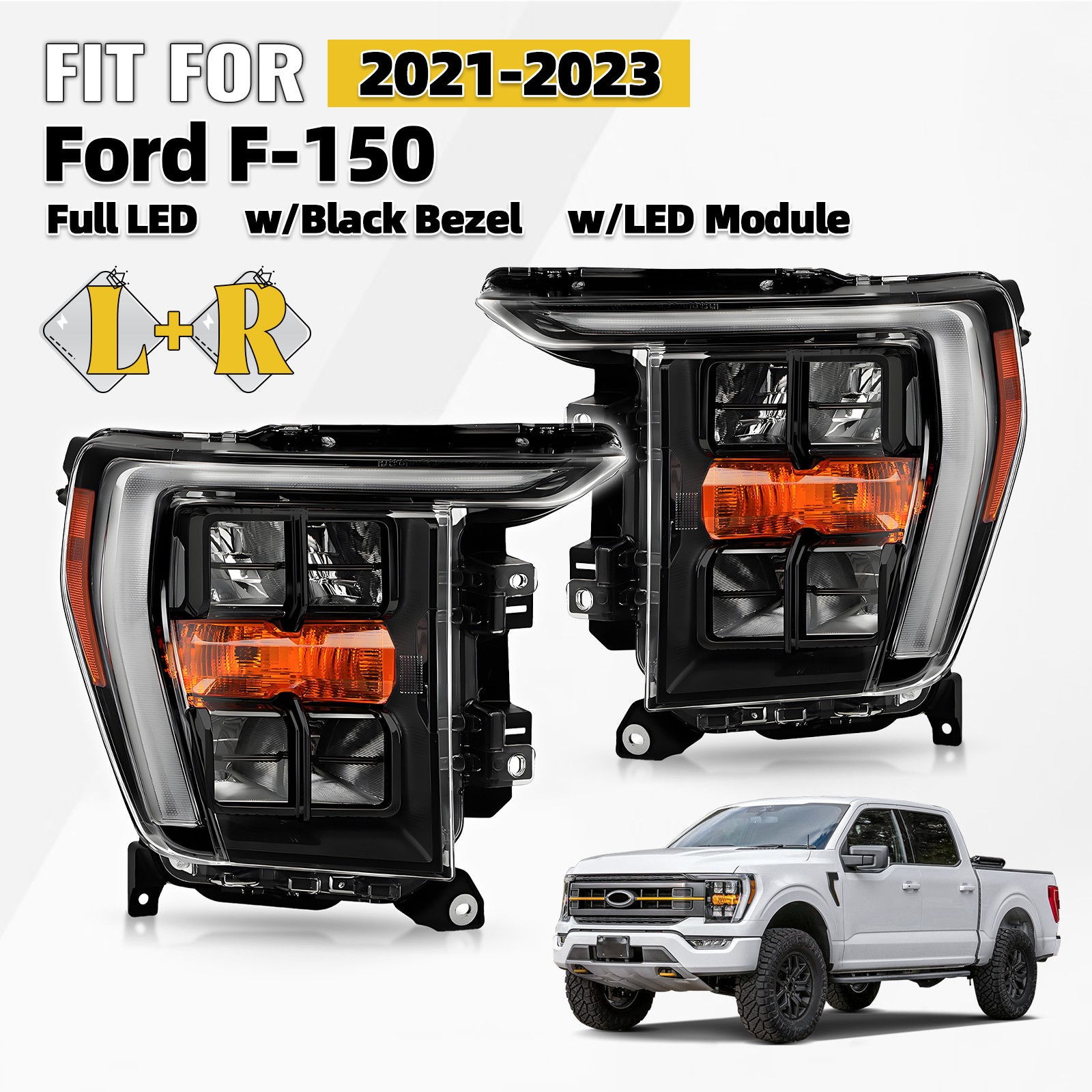 For 2021-2023 Ford F-150 Full LED Headlight w/Black Bezel w/o AFS Left+Right