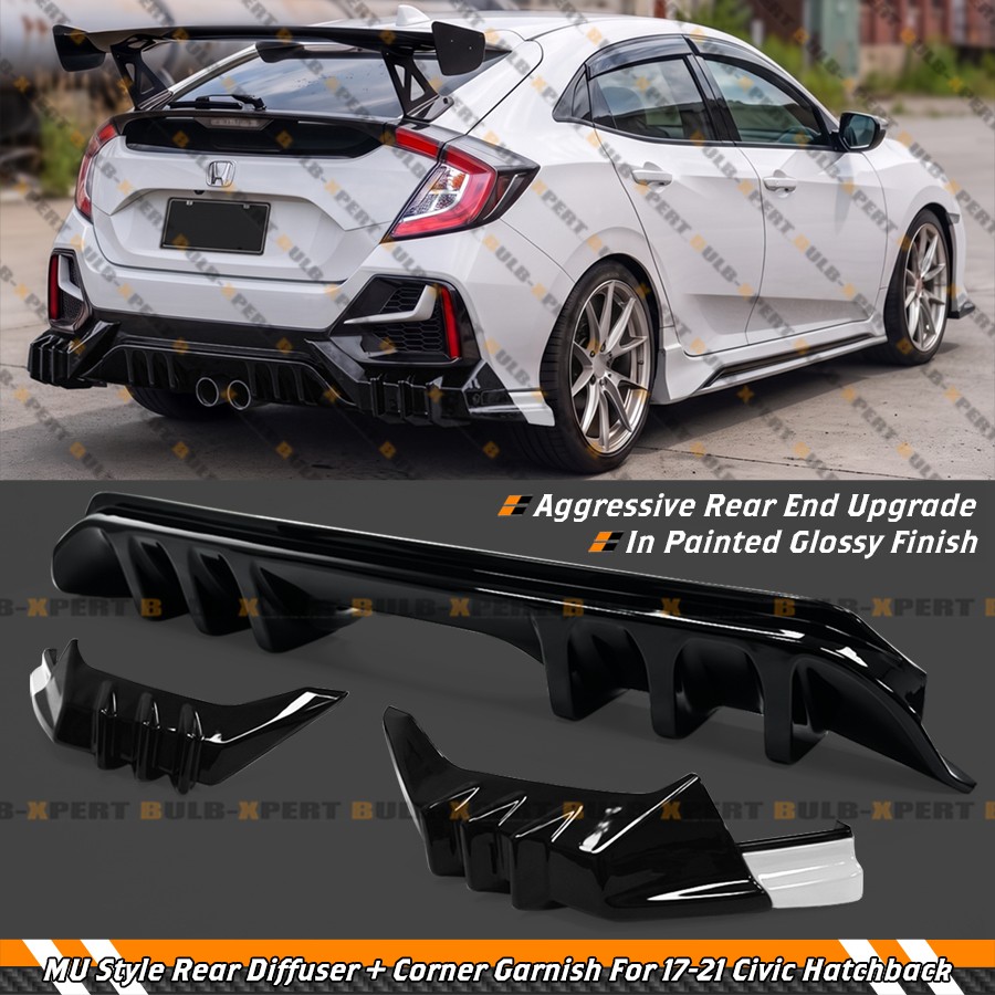 For 2017-2021 Civic Hatchback FK7 MU Rear Bumper Diffuser + White Corner Garnish