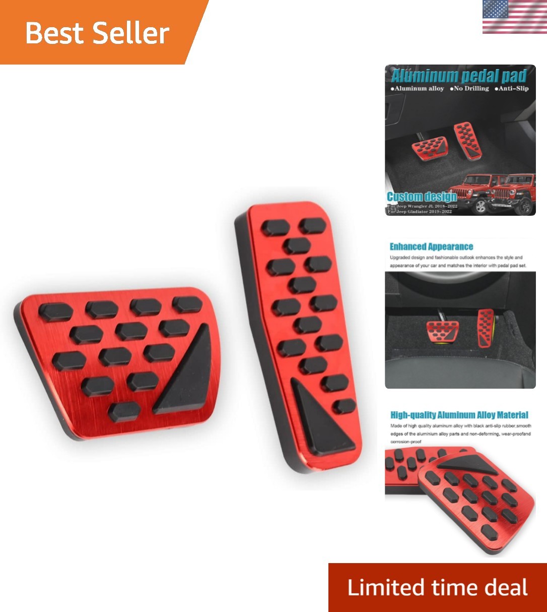 2PCS Red Aluminum Pedal Covers for Jeep Wrangler JL/JLU 2018-2026 Gladiator J...
