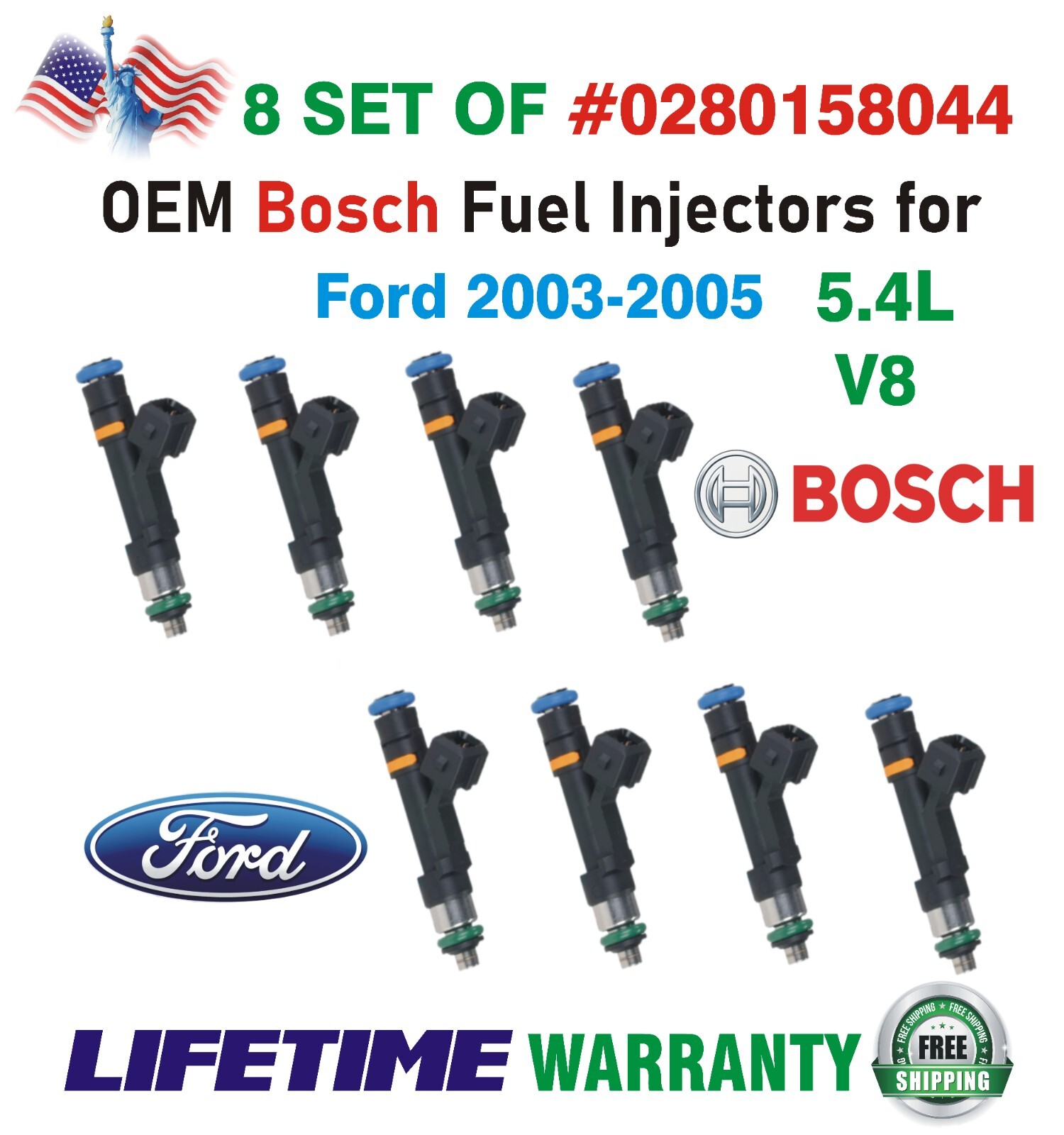 OEM BOSCH x8 Fuel Injectors for 2003-2005 Ford Excursion 5.4L V8 #0280158044 OEM BOSCH x8 Fuel Injectors for 2003-2005 Ford Excursion 5.4L V8 #0280158044