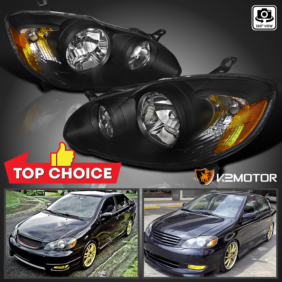 Fits 2003-2008 Toyota Corolla Replacement Black Headlights Headlamps Pair 03-08 Fits 2003-2008 Toyota Corolla Replacement Black Headlights Headlamps Pair 03-08
