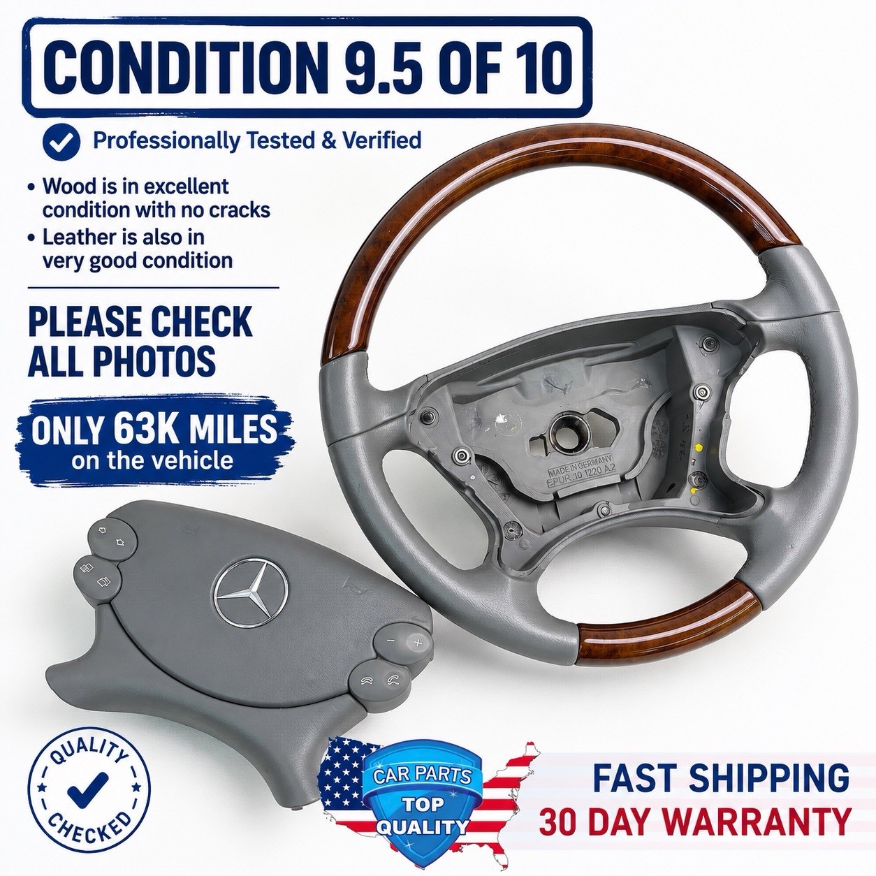 03-08 MERCEDES-BENZ R230 SL500 GRAY LEATHER WOOD STEERING WHEEL OEM 03-08 MERCEDES-BENZ R230 SL500 GRAY LEATHER WOOD STEERING WHEEL OEM