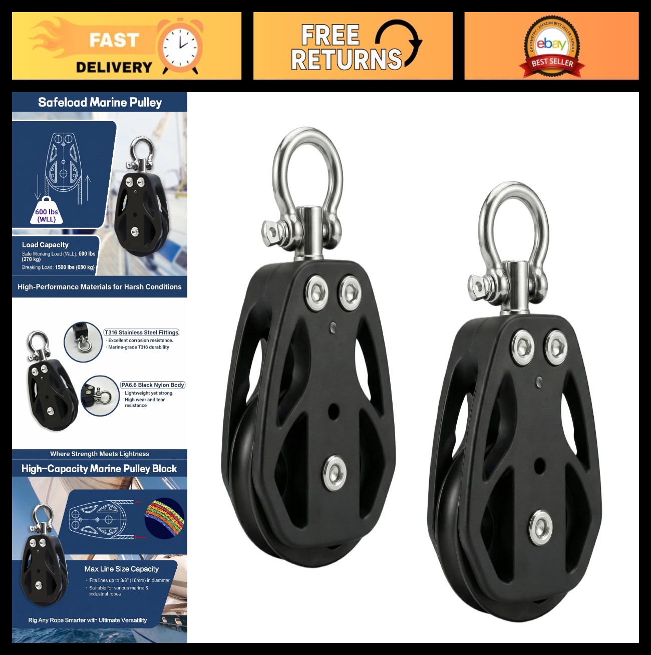 Compact Marine Pulley Block - T316 Stainless Steel & Nylon, Sailing Hardware