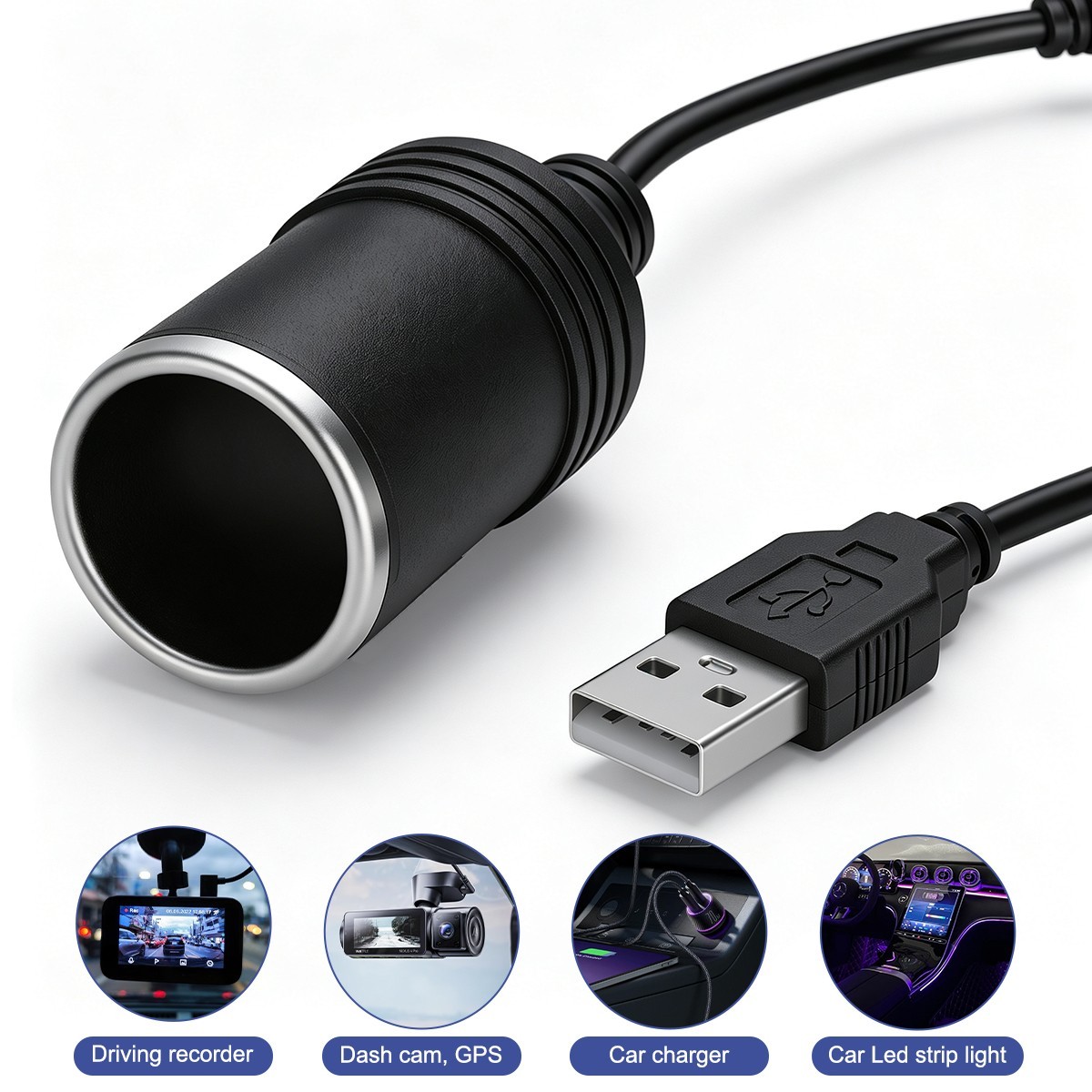 USB Male to 12V Cigarette Lighter Female Socket Adapter- Portable Power Supply