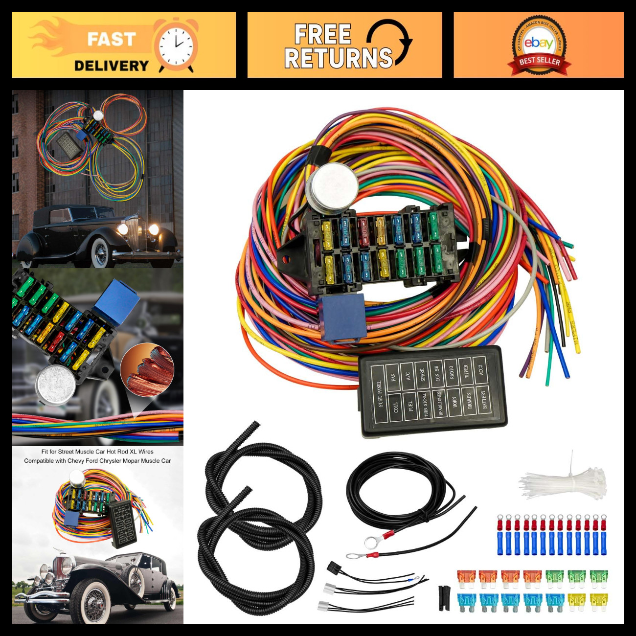 Universal 14 Circuit Wiring Harness Kit 12V Fuse for Chevy Ford - Easy Install Universal 14 Circuit Wiring Harness Kit 12V Fuse for Chevy Ford - Easy Install