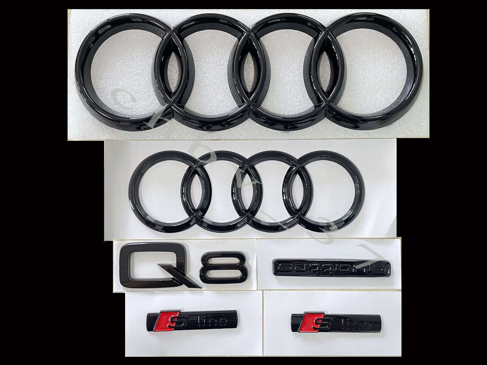 2019+ Audi Q8 Emblem Gloss Black Rings Front Rear Quattro Sline Combo Set OE 6pc