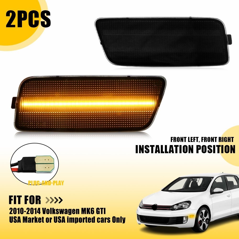 Front Amber LED Side Marker Lights Smoked Lens For 2010-2014 Volkswagen MK6 GTI